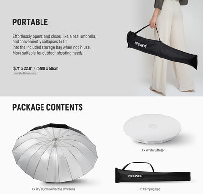 NEEWER 71"/180cm Parabolic Reflective Umbrella Photography with White Inner, Soft Lighting with Diffuser Cover, Bag, Quick Fold for Camera Photo Studio Video Light Shooting Monolight Flash, NS4U - PuriLite