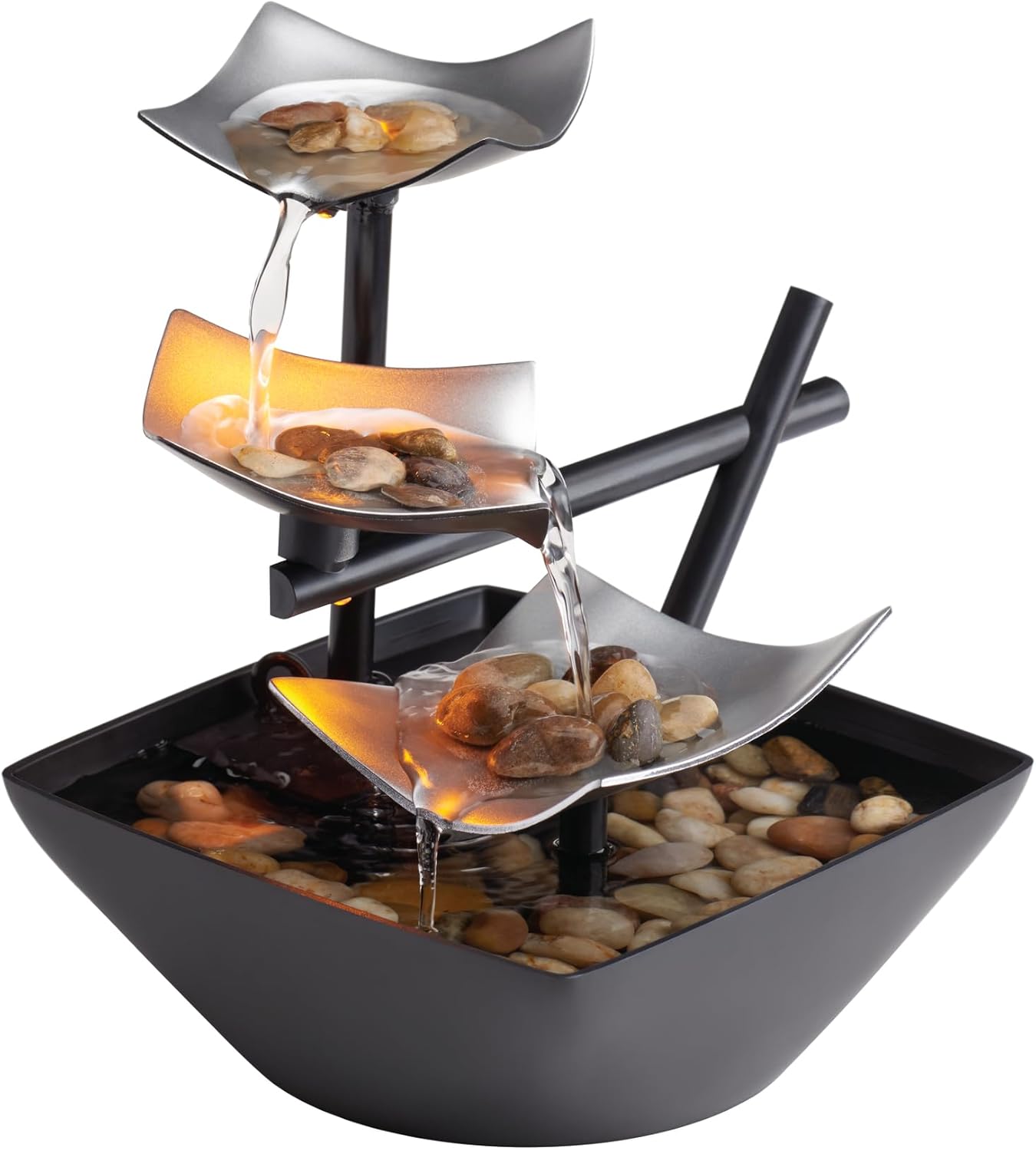 HoMedics Indoor 3-Tier Relaxation Tabletop Fountain, Automatic Pump with Power Switch, Extra Deep Basin with Natural River Rocks and Reflective Lighting Feature, EnviraScape Silver Springs - PuriLite