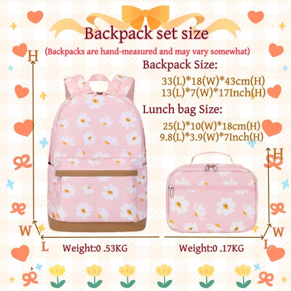 3Pcs Daisy Prints Backpack for Girls Bookbag set Primary School Daypack Elementary Students Knapsack with Lunch Box - PuriLite