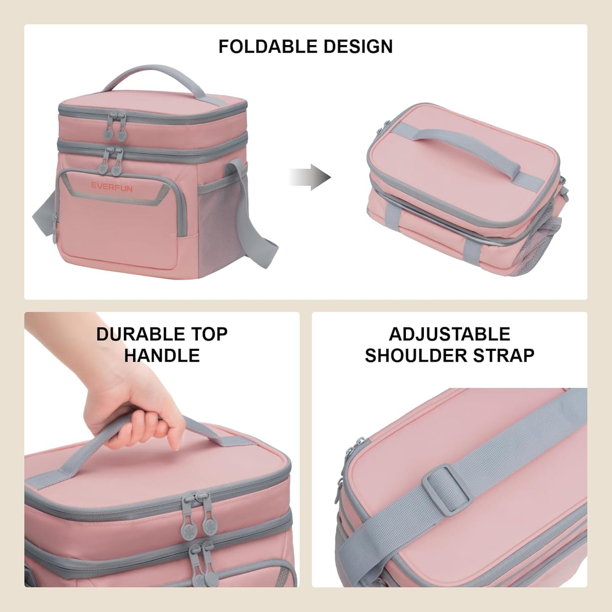 EVERFUN Cooler Bag Insulated Beach Cooler Lunch Bag Box for Men Women Dual Compartments Collapsible Waterproof Leak-Proof for Travel Work Picnic - PuriLite
