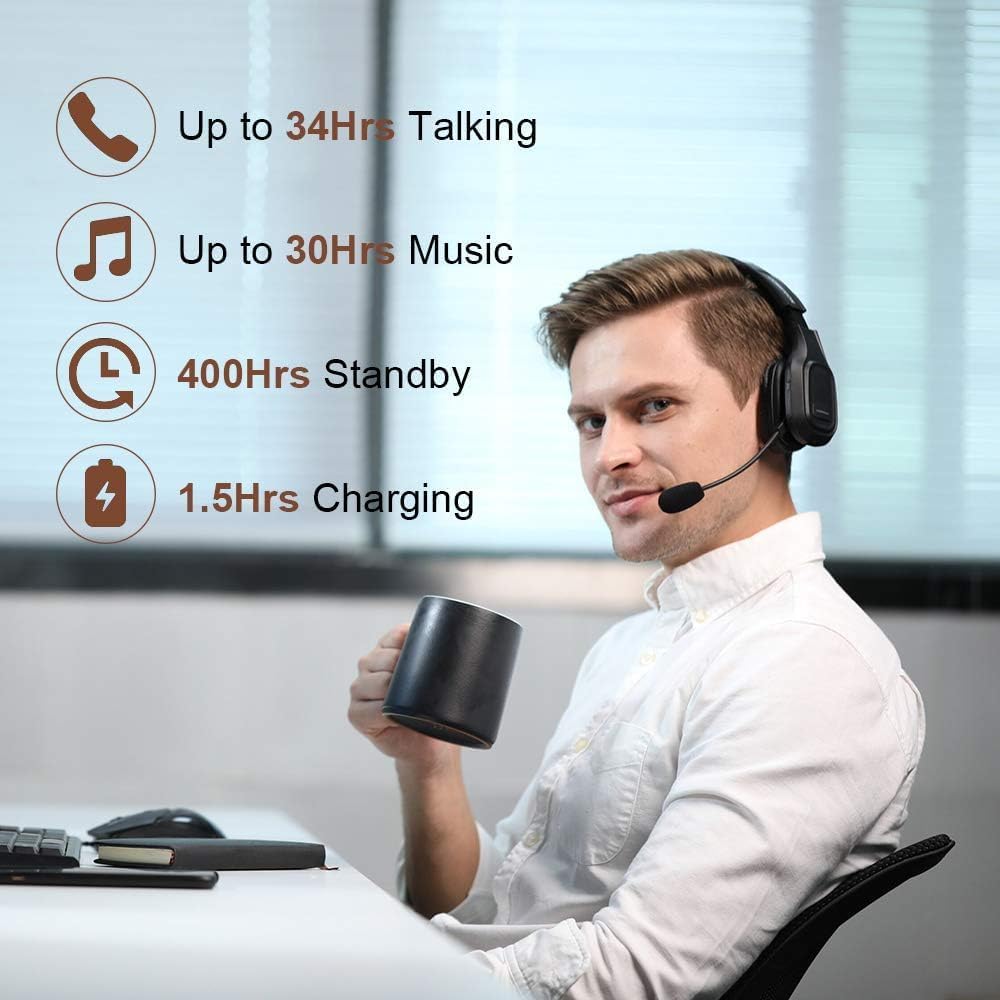 COMEXION Trucker Bluetooth Headset V5.0, Wireless Headset with Noise Canceling&Mute Microphone for Cell Phones, On Ear Bluetooth Headphone for Computer, Zoom Meetings, Skype, Home Office - PuriLite