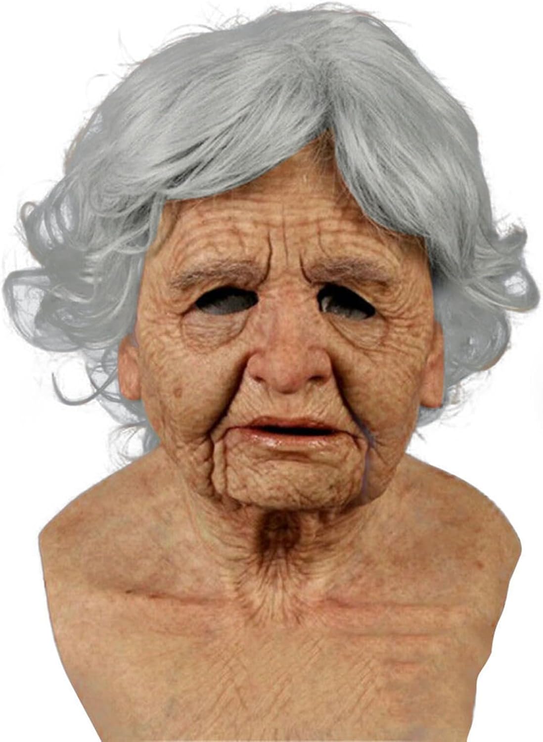 Halloween Realistic Old Lady Mask, Creepy Human Wrinkle Face Latex Headgear, Scary Halloween Cosplay Costume Props - PuriLite