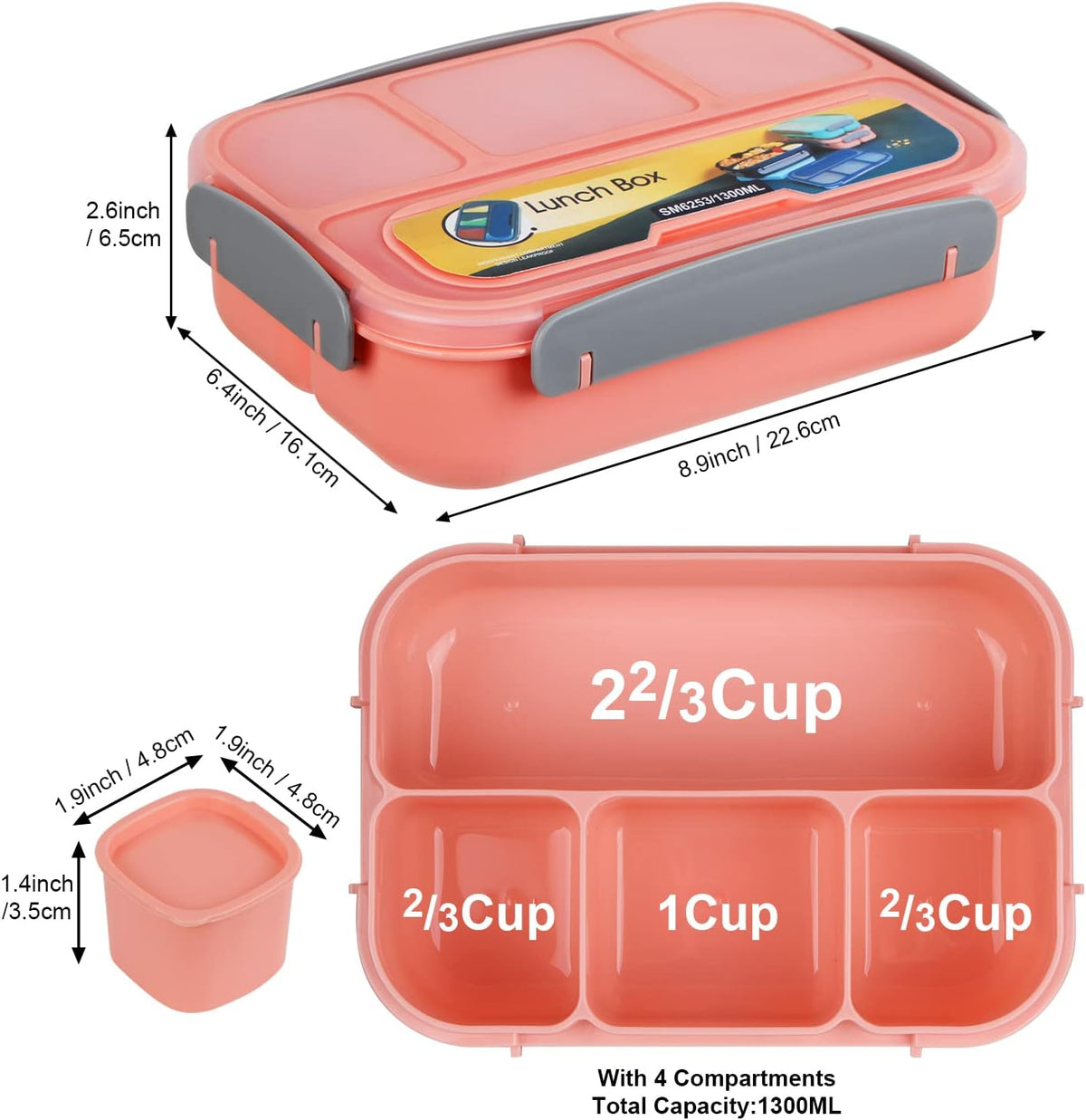 MaMix Bento Lunch Box Adult, Kids, Lunch Containers for Adults/Kids/Students,1300ML-4 Compartment (Blue) - PuriLite
