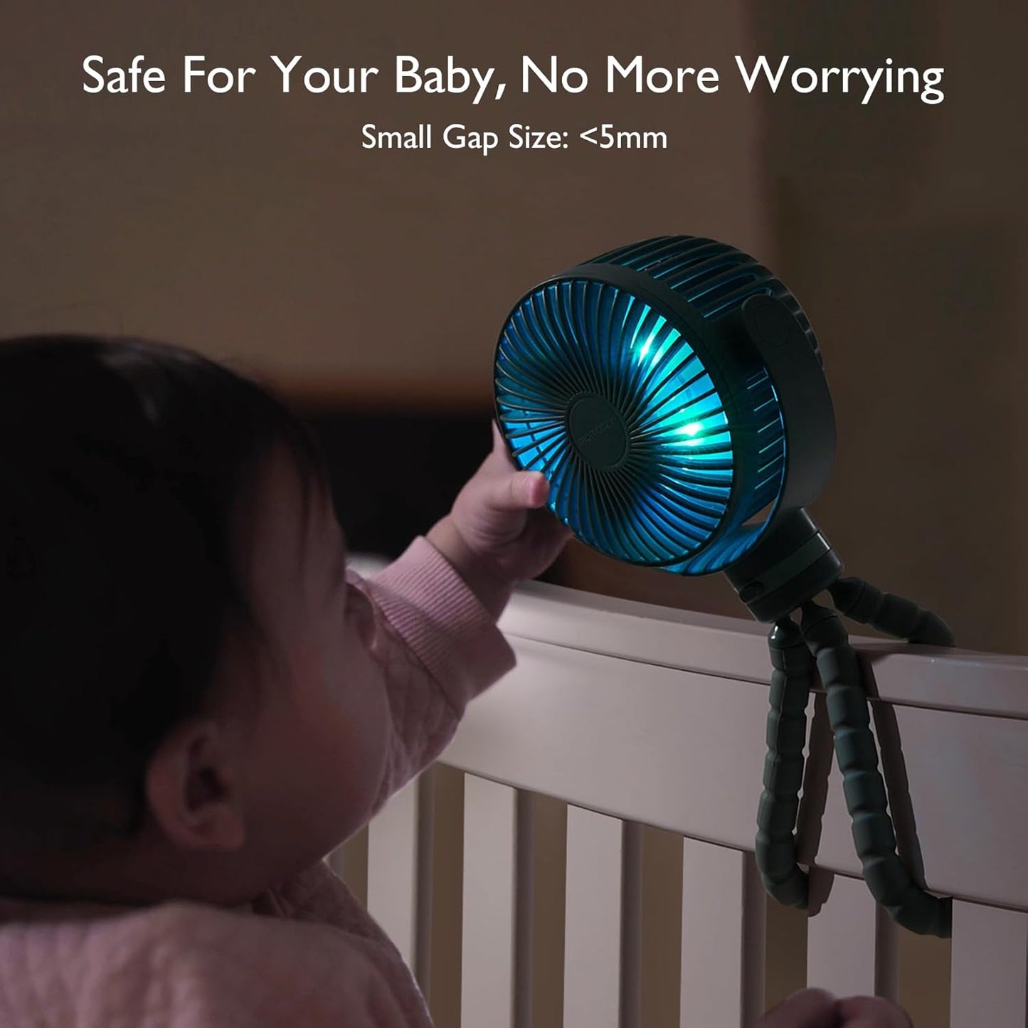 Momcozy Portable Stroller Fan, 27H Ultra-long Battery Life, Detachable 4 Speed 360°Rotate, LED Night Light with 2 Modes, USB Rechargeable and Handheld Cooling Fan for Travel, Car Seat - PuriLite