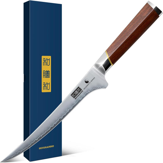 HOSHANHO Fillet Knife 7 Inch, Professional Japanese Super Steel Boning Knife for Meat Chicken Cutting, Japanese Fish Fillet Knife with Ergonomic Red Sandal Wooden Handle - PuriLite