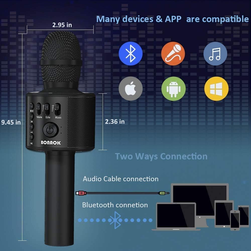 BONAOK Wireless Bluetooth Karaoke Microphone,3-in-1 Portable Instrument Wireless Microphone Mic Speaker Machine Home Party Birthday for All Smartphones（Black） - PuriLite