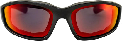 Birdz Eyewear Oriole Padded Motorcycle Riding Sunglasses Gloss Black Frames Red G-Tech Reflective Lenses - PuriLite