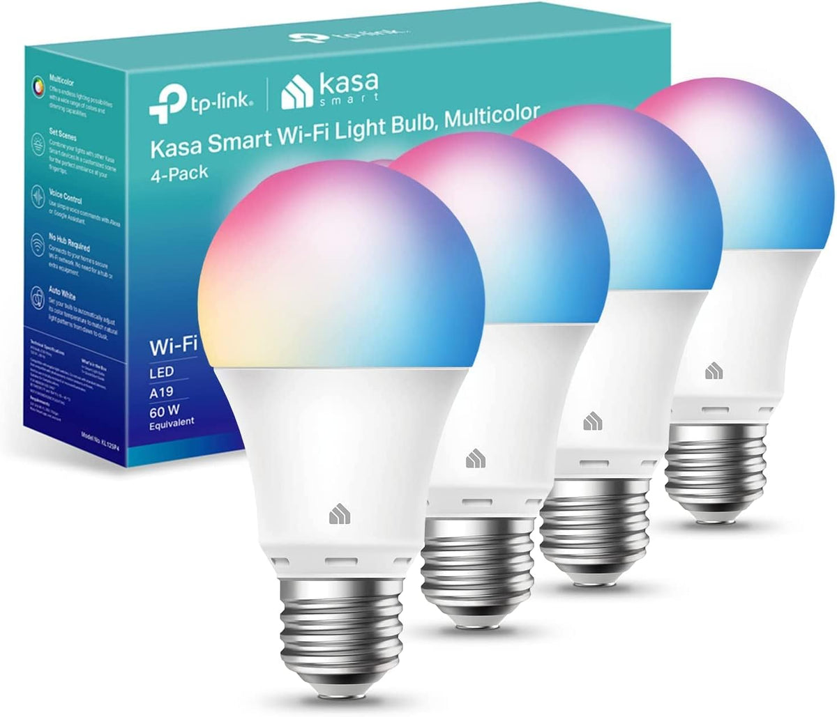 Kasa Smart Light Bulbs, Full Colour Changing Dimmable Smart WiFi Bulbs Compatible with Alexa and Google Home, A19, 9W 800 Lumens,2.4Ghz only, No Hub Required, 2-Pack (KL125P2), Multicolour - PuriLite