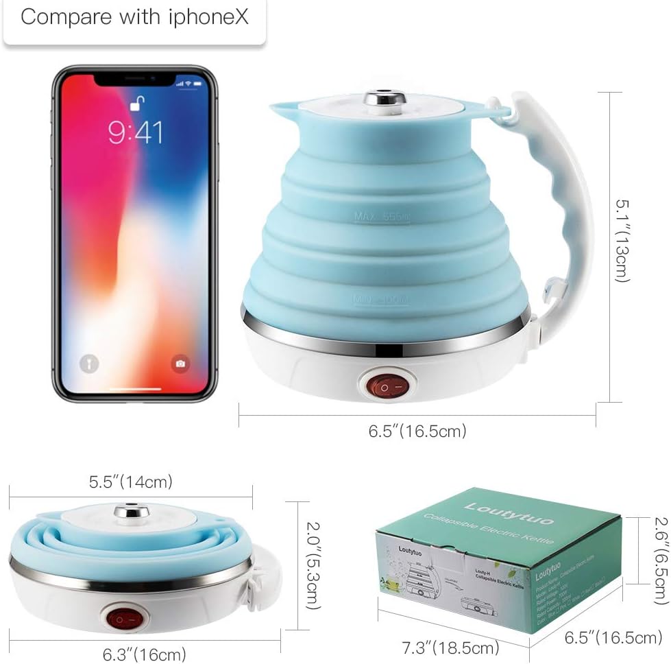 120V 555ML Ultrathin Travel Foldable Electric Kettle with Separable Power Cord and Handle, Boil Dry Protection, Food Grade Silicone - PuriLite