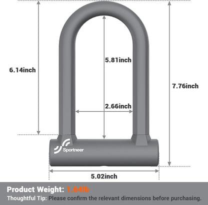 Sportneer Bike Lock: 17mm Heavy Duty Bike U Lock - High-Security Anti-Theft with 12mm x1.5m Steel Cable, 8''x5'' Compact Design, Includes Mounting Bracket for Mountain/Road/Folding/Electric Bikes - PuriLite