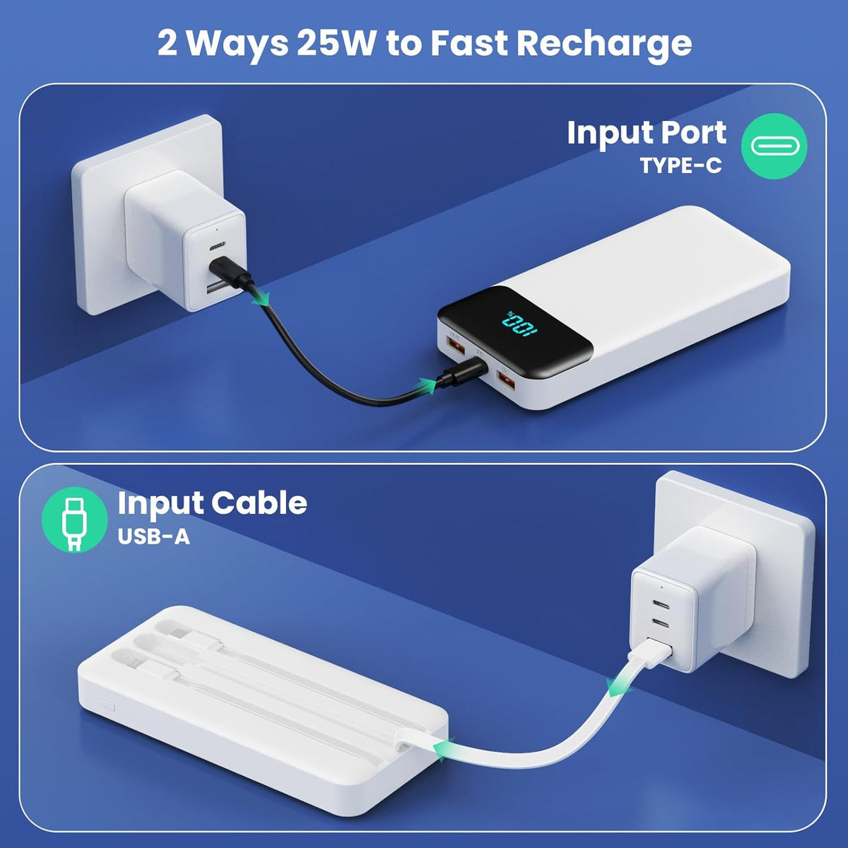 Power Bank 40800mAh Portable Charger with 3 Built-in Cable,25W PD USB C in&Out Power Bank Fast Phone Charging,QC4.0 LED Display Portable Battery Pack Compatible with iPhone 16/15,Samsung Android-Black - PuriLite