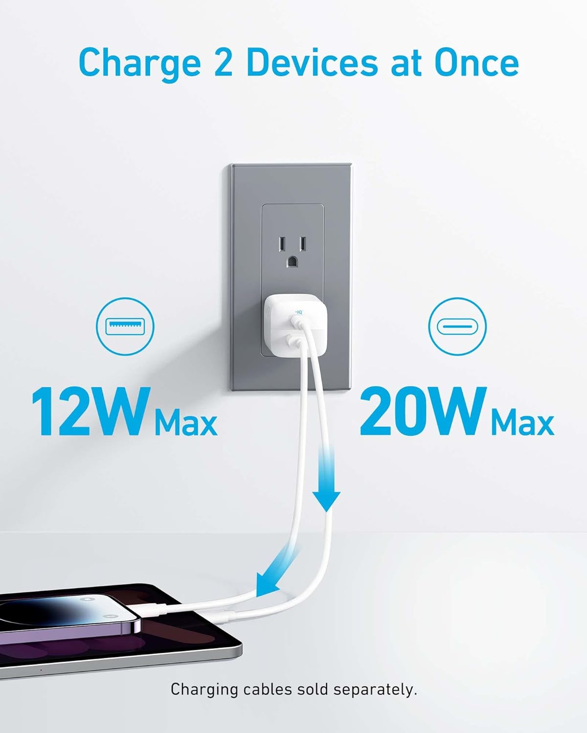 Anker USB C Charger, 323 Charger (33W), 2 Port Compact Charger with Foldable Plug for iPhone 14/14 Plus/14 Pro/14 Pro Max/13/12, Pixel, Galaxy, iPad/iPad Mini and More (Cable Not Included) - White - PuriLite