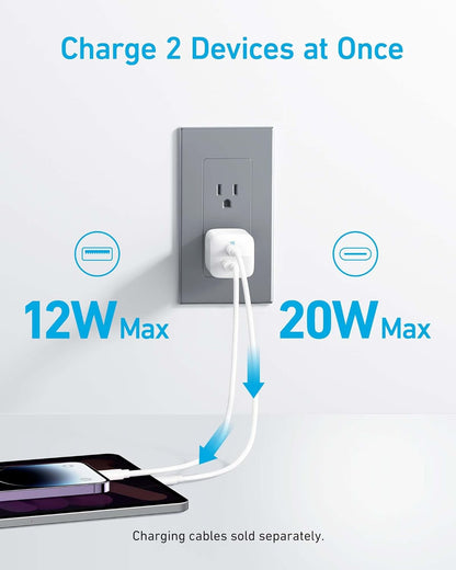 Anker USB C Charger, 323 Charger (33W), 2 Port Compact Charger with Foldable Plug for iPhone 14/14 Plus/14 Pro/14 Pro Max/13/12, Pixel, Galaxy, iPad/iPad Mini and More (Cable Not Included) - White - PuriLite