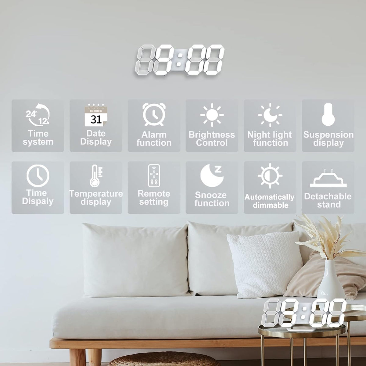 Deeyaple 3D LED Digital Wall Clock Modern Alarm Clock Adjust Brightness 12/24 Time Date Temperature Silent Snooze USB Night Light Remote Control Kitchen Bedroom Living Room Small 9.7 inch White - PuriLite