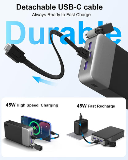 NOBIS 45W Power Bank 20000mAh Power Bank with Detachable USB-C Cable Fast Charging Battery Pack, 2 USB-C In/Out & 2 USB-A, Digital Display, Small Current Mode, Compatible with Phone 17 S25