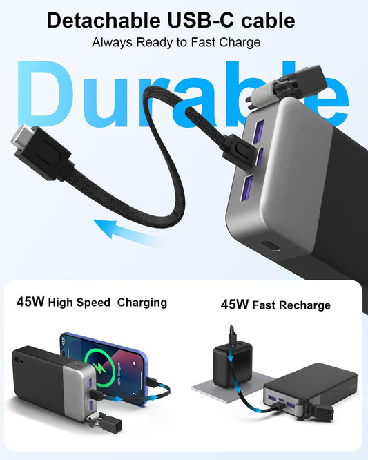 NOBIS 45W Power Bank 20000mAh Power Bank with Detachable USB-C Cable Fast Charging Battery Pack, 2 USB-C In/Out & 2 USB-A, Digital Display, Small Current Mode, Compatible with Phone 17 S25