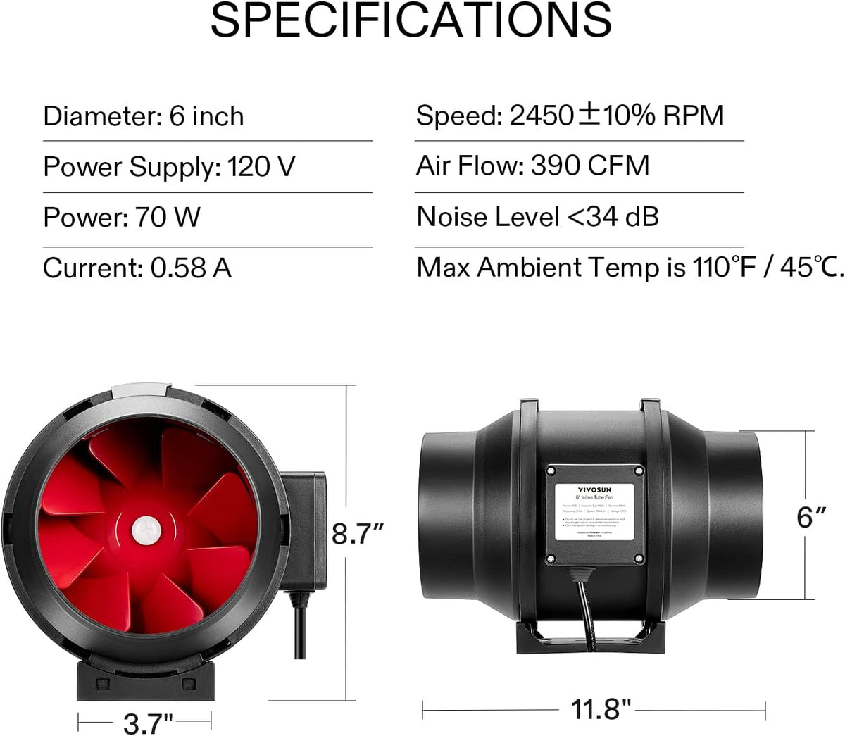 VIVOSUN T6 6 Inch 390 CFM Inline Duct Fan with Variable Speed Controller HVAC Blower for Ventilation - PuriLite