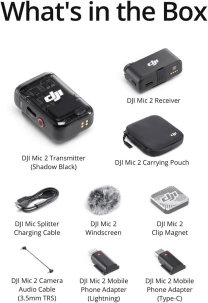 DJI Mic 2 (2 TX + 1 RX + Charging Case), Wireless Lavalier Microphone, Intelligent Noise Cancelling, 32-bit Float Internal Recording, 820 ft.(250m) Range, Microphone for iPhone, Android, Camera - PuriLite