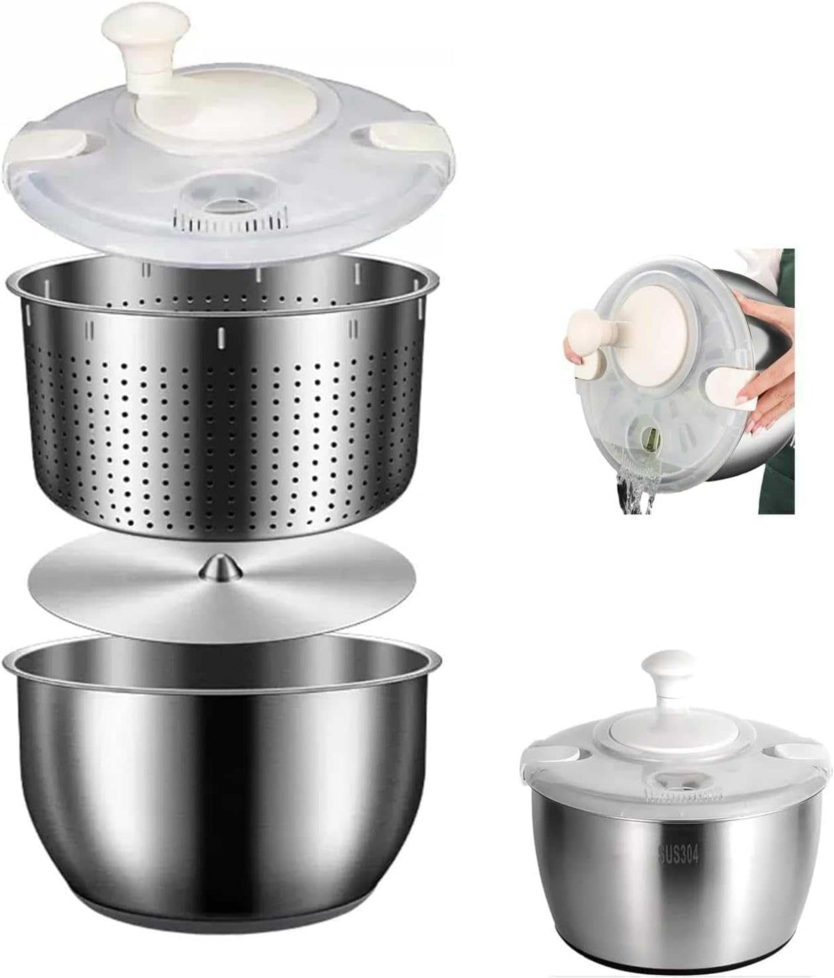 Salad Spinner, Large Stainless Steel Vegetable Washer, 5.3 Qt Plastic Lid for Washing Pasta and Fries, Durable Kitchen Tool - PuriLite