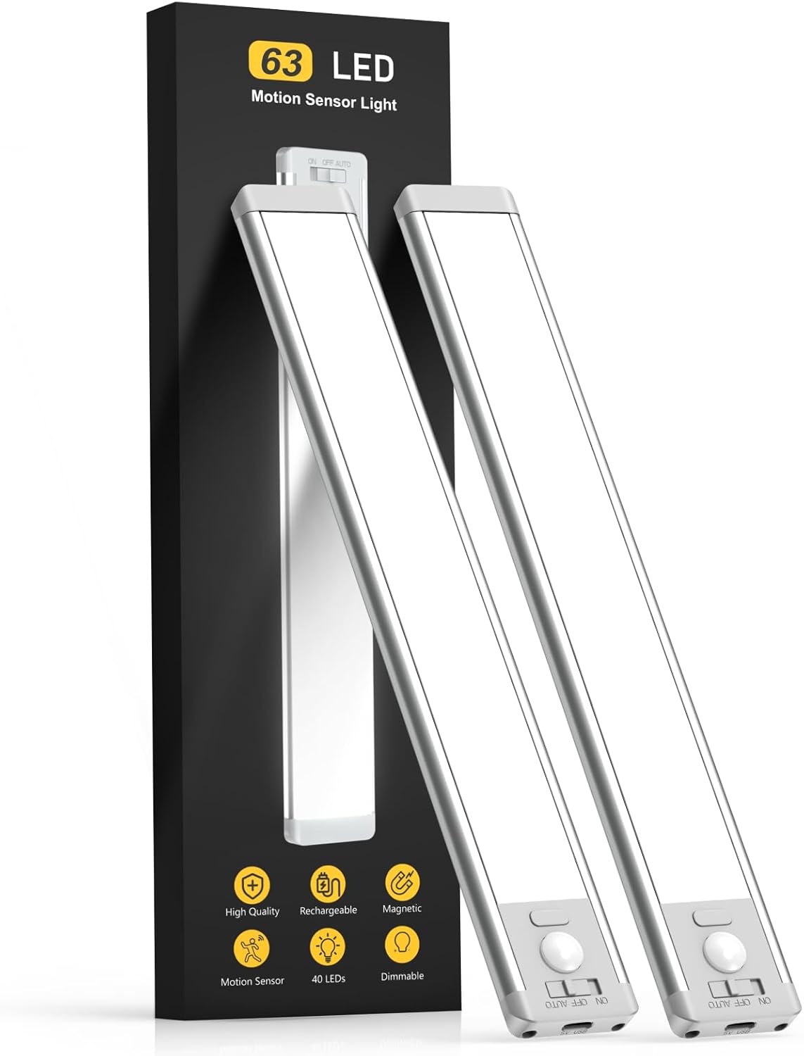 Under Cabinet Lights, 63 LED Rechargeable Battery Operated Motion Sensor Light Indoor, 2 Pack Magnetic Dimmable Closet Lights, Wireless Under Counter Lights for Kitchen, Stairs,Hallway - PuriLite