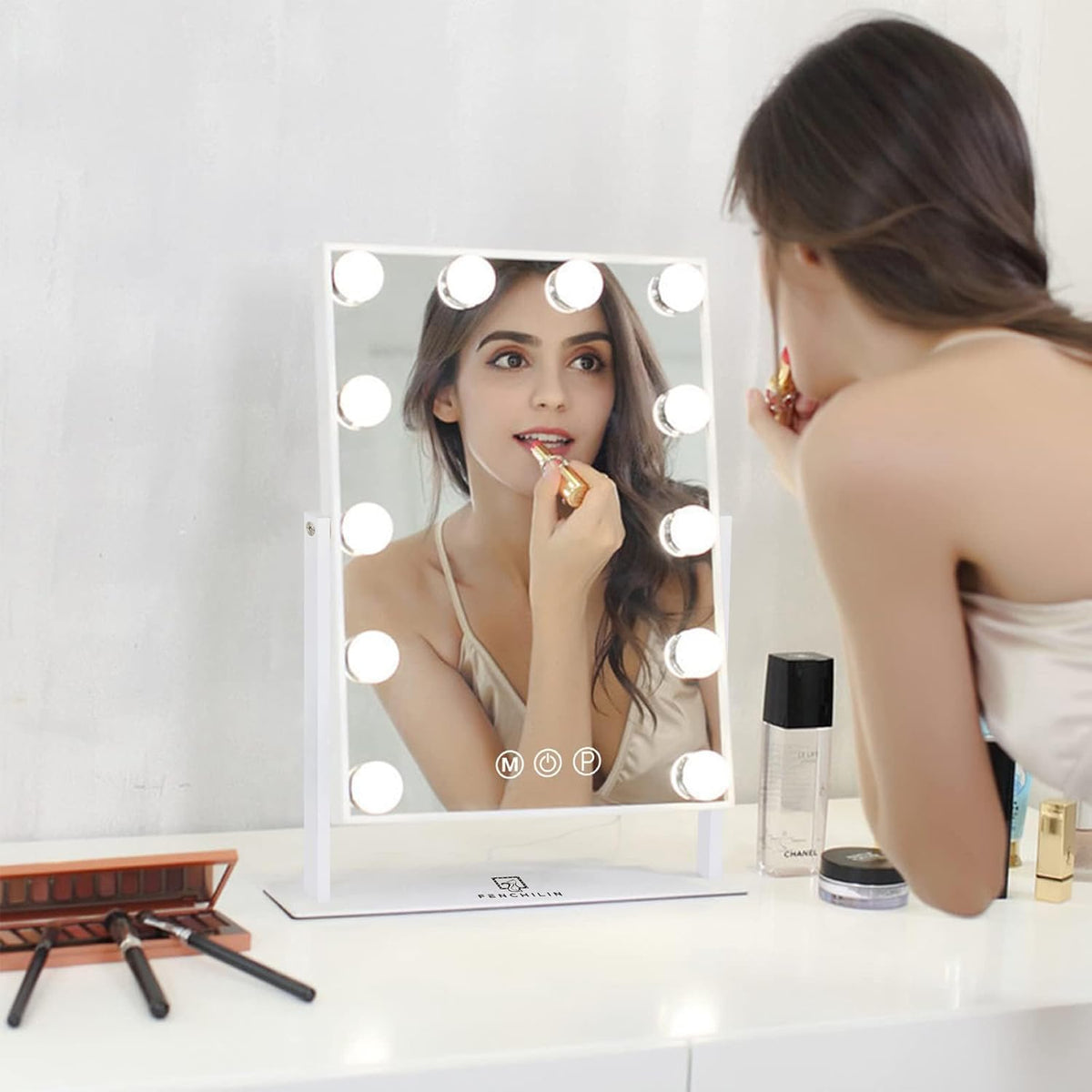 FENCHILIN Lighted Makeup Mirror Hollywood Mirror Vanity Makeup Mirror with Light Smart Touch Control 3Colors Dimmable Light Detachable 10X Magnification 360°Rotation(White) - PuriLite