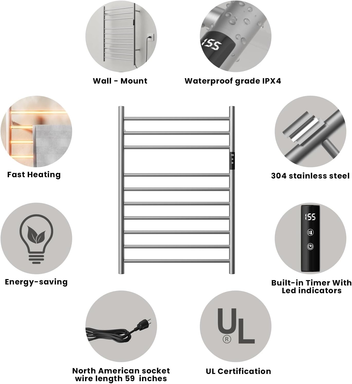 POPFLY Heated Towel Rack, Wall Mounted Electric Hot Towel Warmer, 4-Bar 304 Stainless Steel Small Heated Towel Warmer Rack for Bathroom with Timer and Temperature Control, Brushed - PuriLite