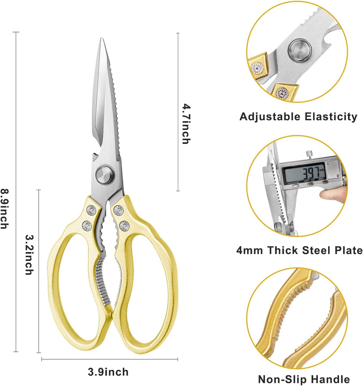 Gold Kitchen Scissors – Heavy Duty Stainless Steel Shears for Meat, Poultry, Herbs, Vegetables, and Baking, Dishwasher Safe, Multi-Functional Kitchen Tool - PuriLite