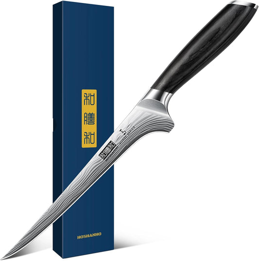 HOSHANHO Fillet Knife 7 Inch, Razor Sharp Boning Knife for Meat Poultry Chicken Cutting, Japanese High Carbon Powder Steel Fish Knife with Flexible Blade and Pakkawood Handle - PuriLite