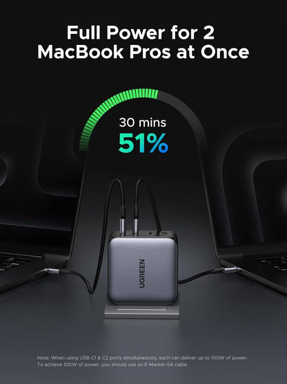 UGREEN 200W Dual USB-C Charger Block, 140W Max Output Laptop Charger, 4-Port Multi-Device Fast Charging, Advanced GaN Power Adapter Compact for MacBook, Dell XPS, iPad Pro, Galaxy S24, iPhone 16/15 - PuriLite