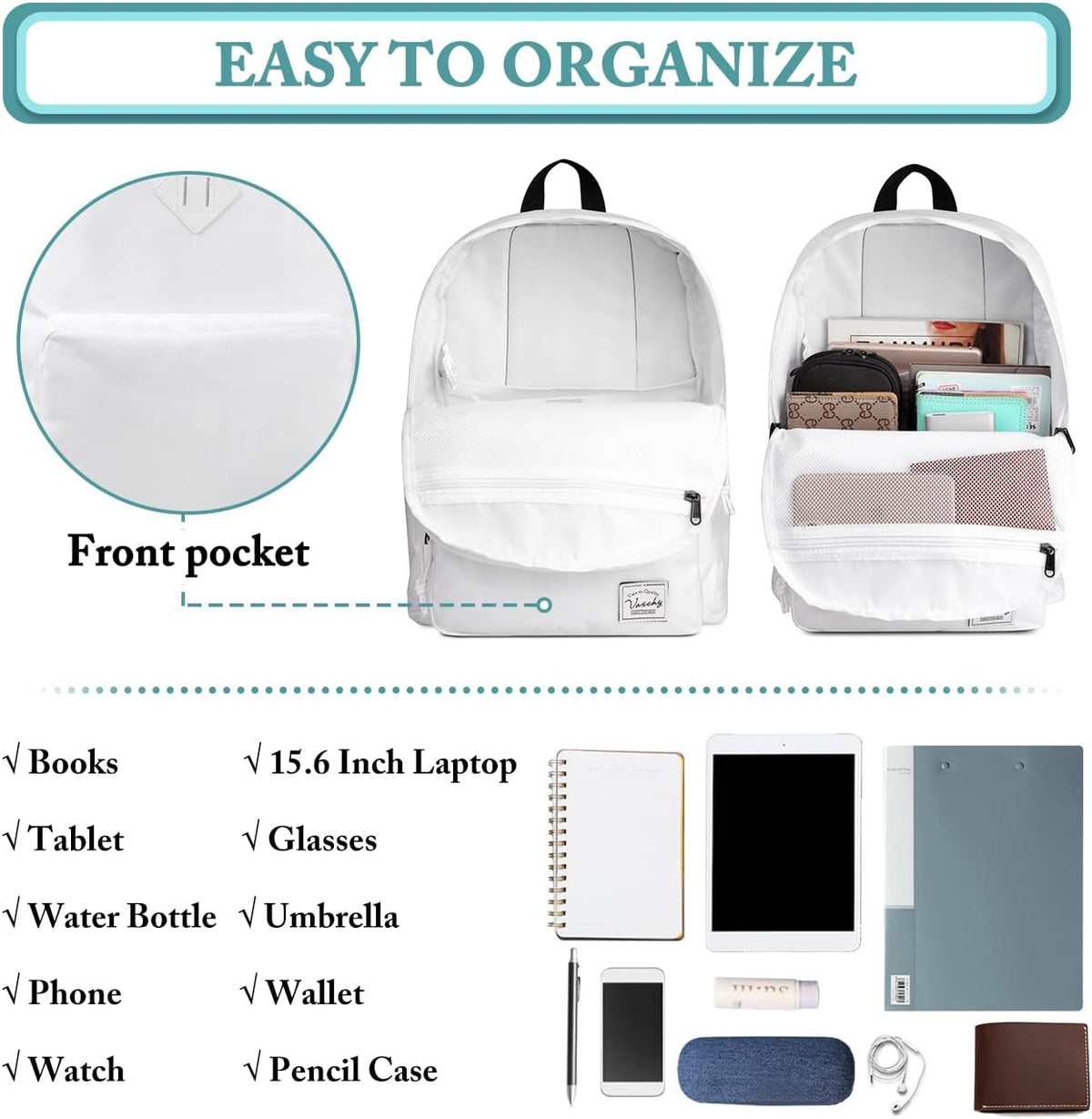 VASCHY Lightweight School Backpack for Women with Sleeve for 14" Laptop - PuriLite