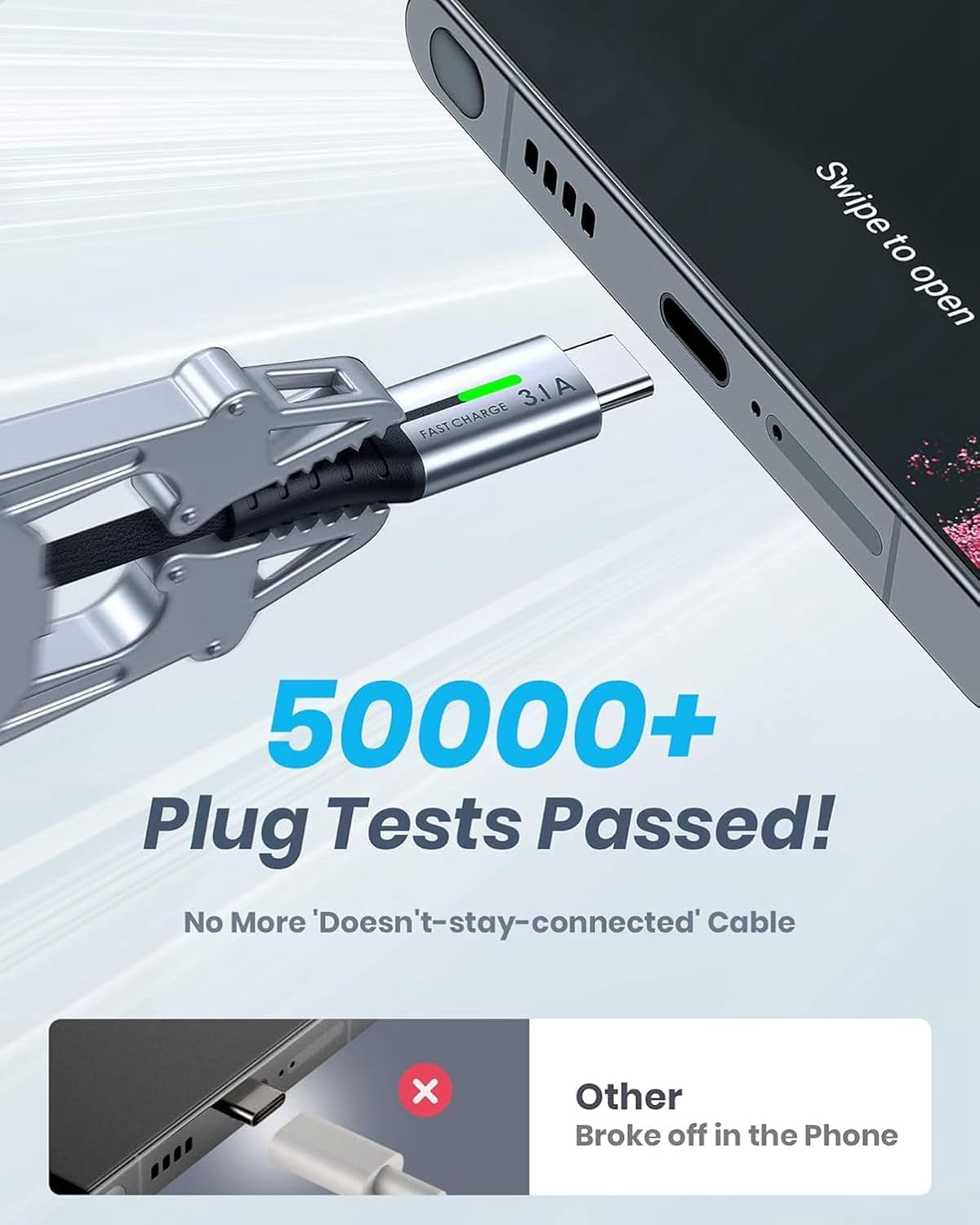 USB C Cable, INIU 3.1A Type C Cable Fast Charging (6.6ft), Zinc Alloy Braided Data USB-C Cable, USB A to USB C Charger Cable for iPhone 16 15 14 Pro Max iPad Samsung S22 S21 Huawei Xiaomi OnePlus - PuriLite