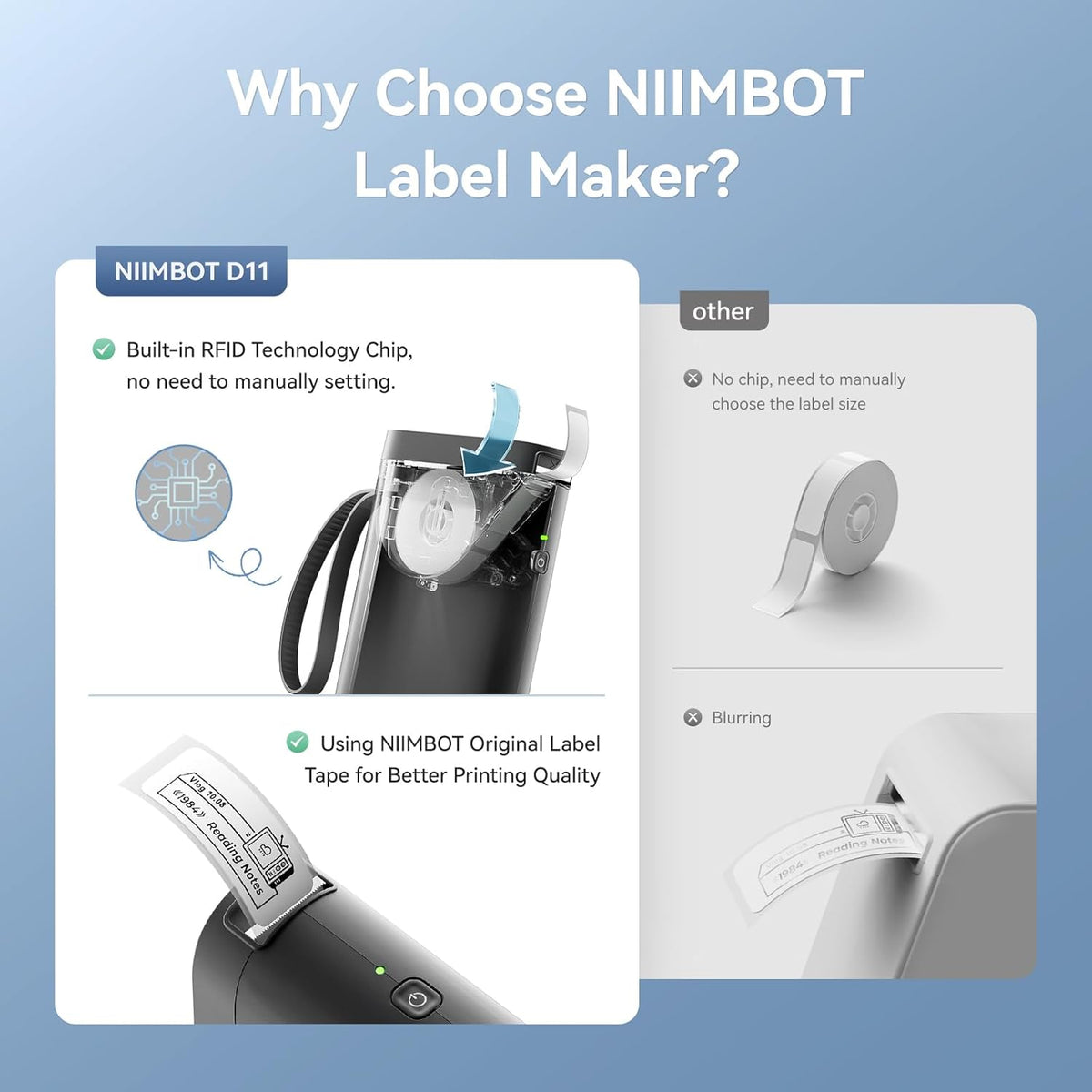 NIIMBOT D110 Mini Label Maker Machine with Tape(Pre-Cut Size 12x40mm), Portable Bluetooth Sticker Printer, Inkless Automatic Feeding One-Touch Custom Printing, Compatible with Phone Only - PuriLite