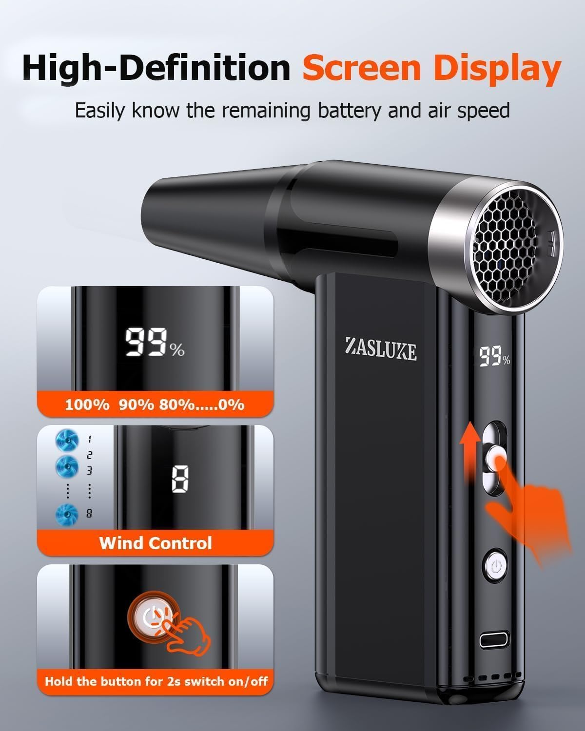 ZasLuke Compressed Air Duster, 300000RPM Cordless Electric Air Blower with Brushless Motor, 8-Gear Adjustable Mini Blower with Fast Charging, Dust Blower for Computer, Keyboard, House, Outdoor and Car - PuriLite