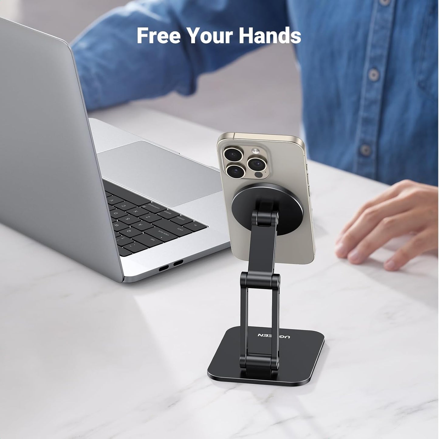 UGREEN Magnetic Phone Stand Compatible with MagSafe, Angle Adjustable Aluminum Holder for Desk, Thick Base Compatible for iPhone 16 15 14 13 12 Pro - PuriLite