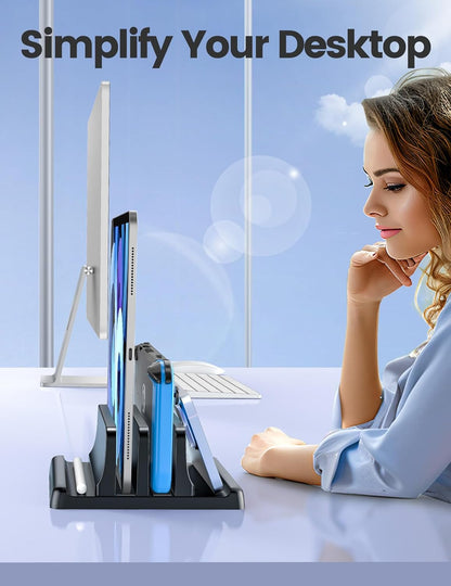 VAYDEER Vertical Laptop Stand for Desk – Dual Slot Adjustable Laptop Holder, Space-Saving 4-in-1 Desk Organizer for MacBook, Chromebook, Surface, Dell (Black) - PuriLite