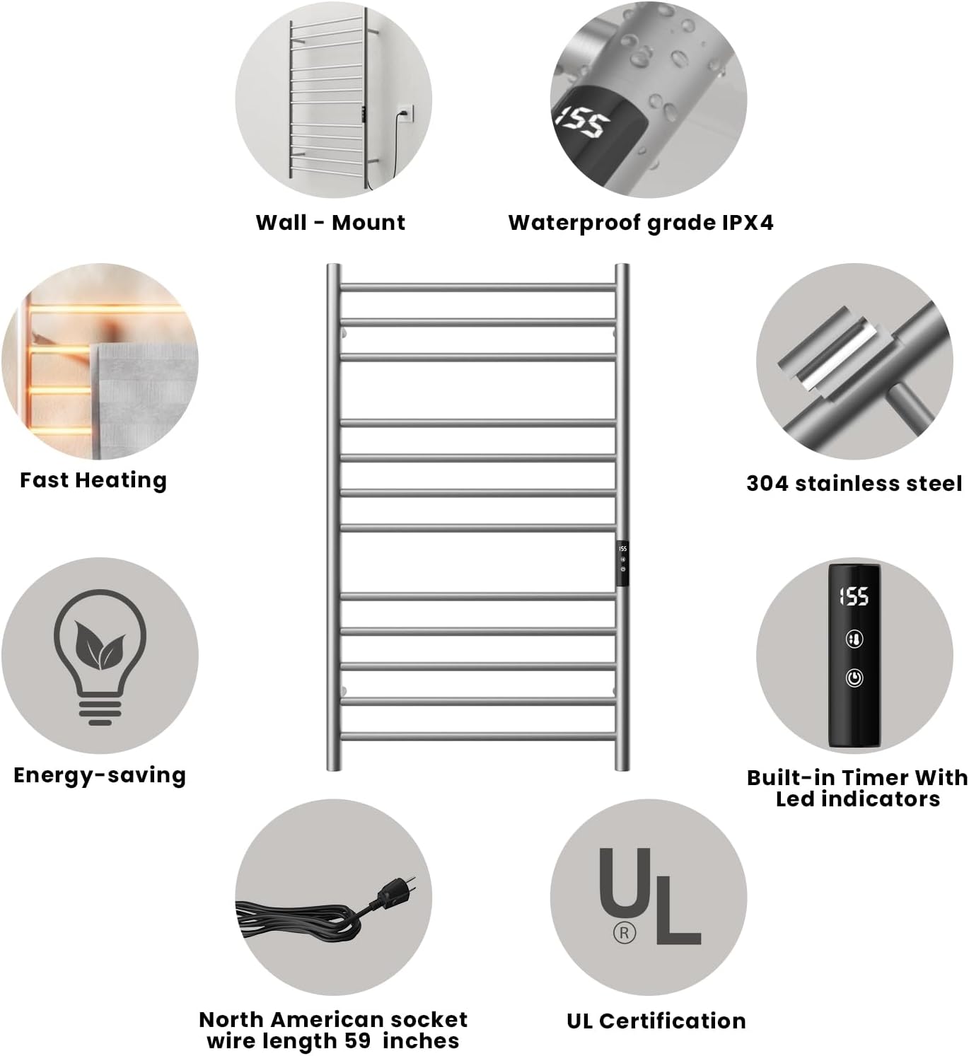 POPFLY Heated Towel Rack, Wall Mounted Electric Hot Towel Warmer, 4-Bar 304 Stainless Steel Small Heated Towel Warmer Rack for Bathroom with Timer and Temperature Control, Brushed - PuriLite