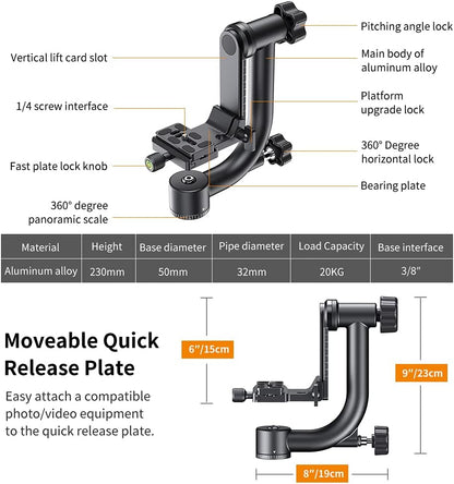 K&F Concept Professional Gimbal Head Heavy Duty Metal 360 Degree Panoramic Tripod Head with Standard 1/4'' Quick Release Plate and Bubble Level for Digital SLR Cameras Up to 20KG/44LBS - PuriLite