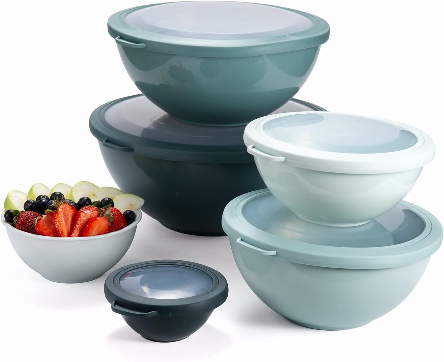 COOK WITH COLOR Mixing Bowls with TPR Lids - 12 Piece Plastic Nesting Bowls Set Includes 6 Prep Bowls and 6 Lids, Microwave Safe Mixing Bowl Set (Mint) - PuriLite