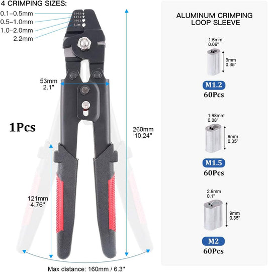 Glarks Up to 2.2mm Wire Rope Crimping Tool Wire Rope Swager Crimper Fishing Crimping Tool with 180Pcs 1.2/1.5/2mm Aluminum Double Barrel Ferrule Crimping Loop Sleeve Kit - PuriLite