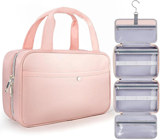 Chakipee Travel Hanging Toiletry Bag for Women - Waterproof Toiletries Bag Cosmetic Organizer Lightweight Bathroom with Clear Window for Essentials, Makeup, Shampoo Pink Medium - PuriLite