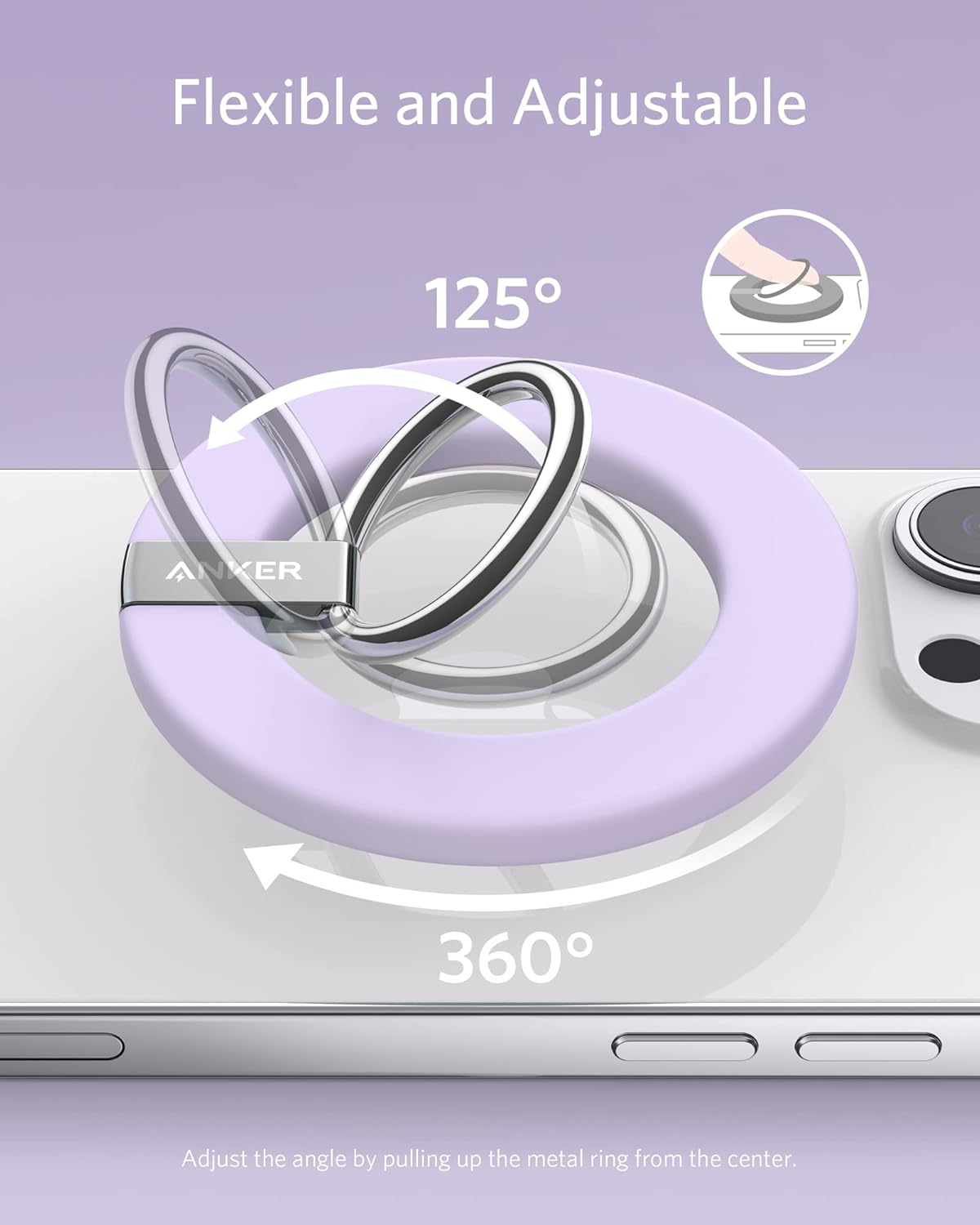 Anker Magnetic Phone Grip, MagGo 610 Ring Holder, Adjustable Kickstand, Only for iPhone 16/16 Plus/16 Pro/16 Pro Max/15/14/13/12 Series - PuriLite