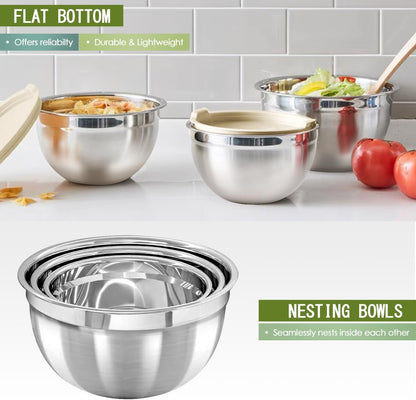 JUJOJB Mixing Bowls With Lids Set,Stainless Steel Mixing Bowls Set With 3 Grater,Metal Nesting Bowls For Kitchen Baking Refrigerator Meal Prep Food Storage Organizer,7 Size(Khaki) - PuriLite