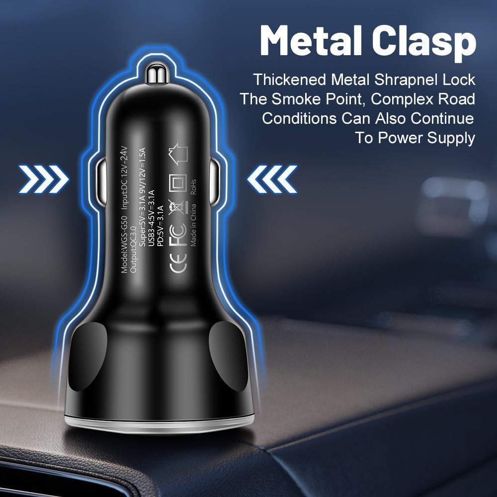 MESA'S Live 6 - Port Car Charger with PD, QC 3.0 - Fast Charge for All Devices, Universal for 12-24V Vehicles - PuriLite