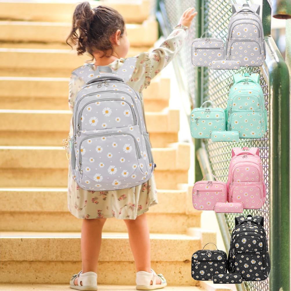 3Pcs Daisy Prints Backpack for Girls Bookbag set Primary School Daypack Elementary Students Knapsack with Lunch Box - PuriLite