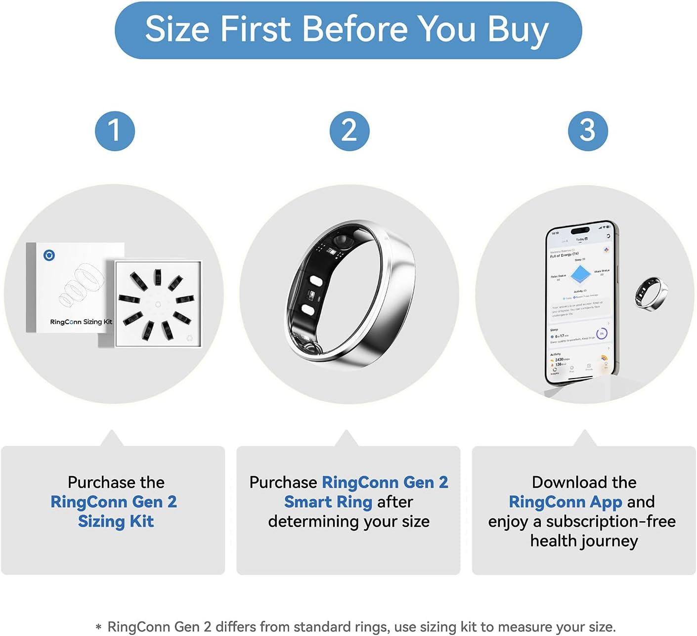 RingConn Gen 2 Smart Ring, No App Subscription, Size First with Sizing Kit, 12-Day Battery Life, Stress/Women's Health Tracker, Compatible with Android & iOS (Black, Size 8) - PuriLite