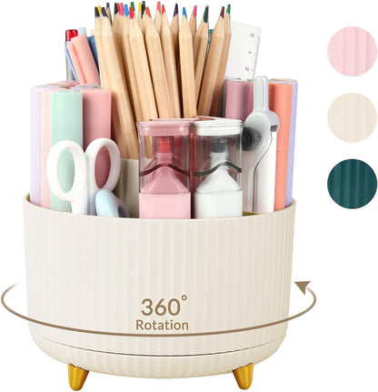360 Degree Rotating Desk Pen Organizer, Round Plastic Pencil Holder with 5 Compartments for Office, School, Art Supplies and Home Use - PuriLite