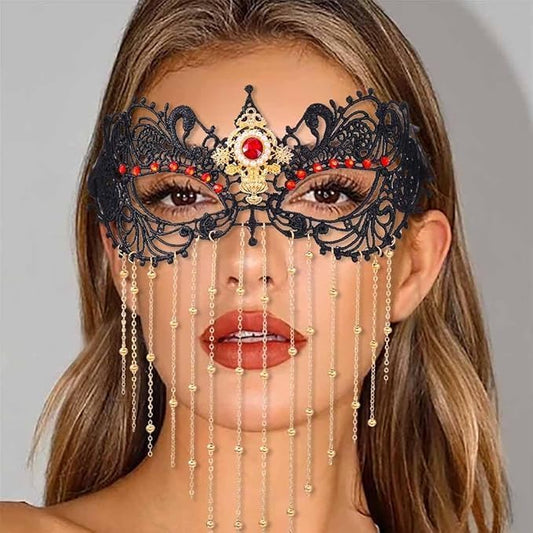 Obmyec Masquerade Lace Mask Costume Eye Mask Tassels Face Masks Rhinestone Black Mask for Women and Girls - PuriLite