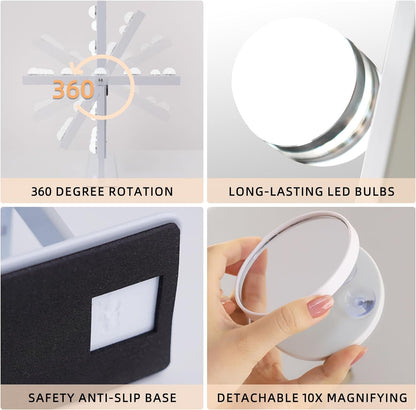 FENCHILIN Lighted Makeup Mirror Hollywood Mirror Vanity Makeup Mirror with Light Smart Touch Control 3Colors Dimmable Light Detachable 10X Magnification 360°Rotation(White) - PuriLite
