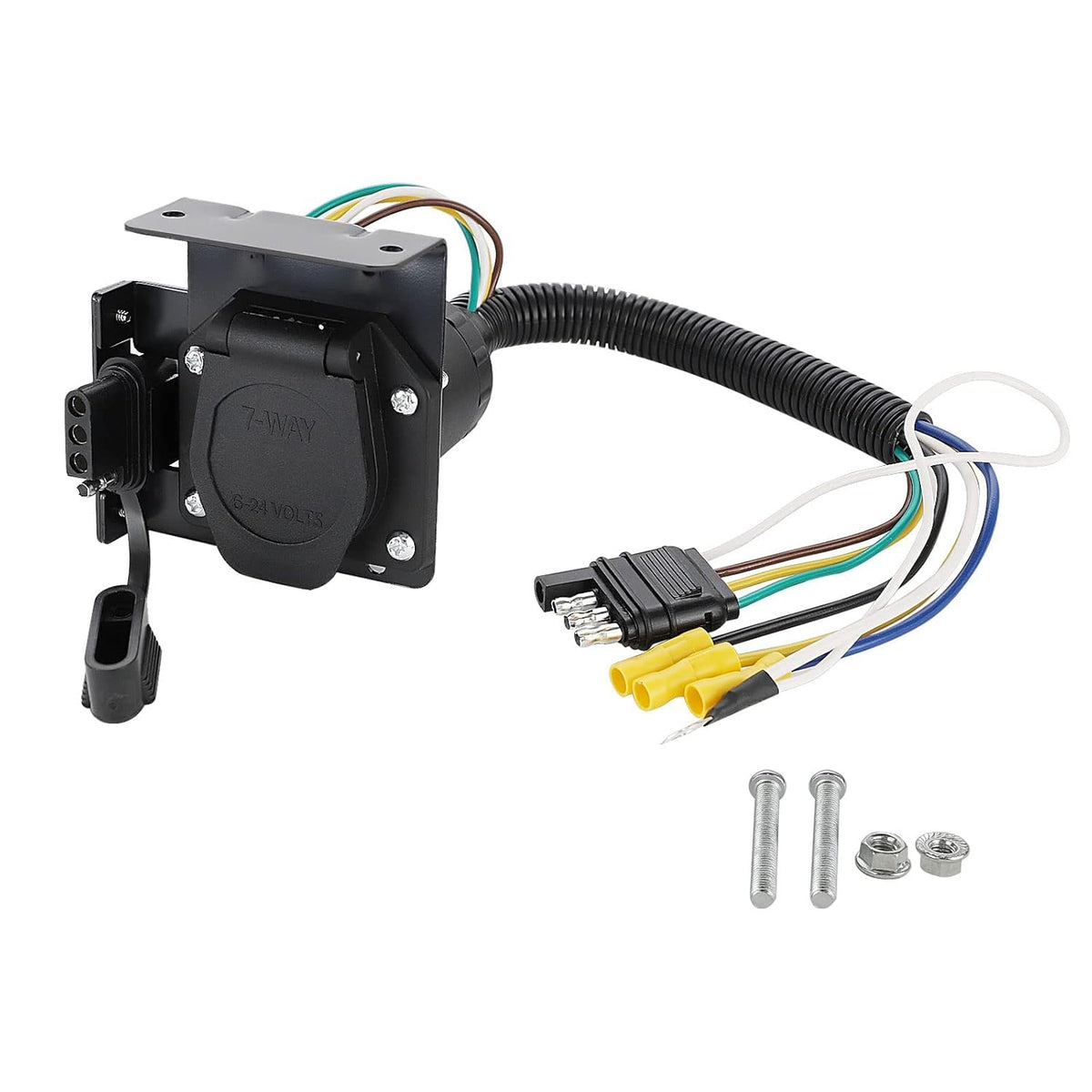MECMO Multi-Tow 4-Way Flat to 7-Way RV Blade and 4-Way Flat Female End Trailer Wiring Adapter Connector Kit, 4 Pin Vehicle-Side Trailer Light Plug to Dual-output 7 Blade & 4 Flat with Mounting Bracket - PuriLite