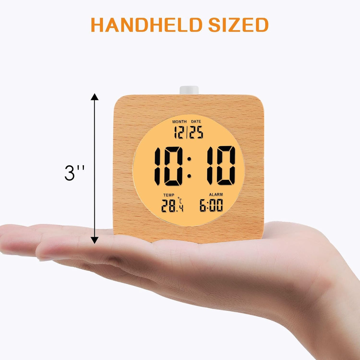 Plumeet Wooden Digital Alarm Clock for Bedrooms, Wood 4'' Battery Powered Alarm Clock with Snooze and Nightlight, Electronic LCD Desk Clock Display Time, Date, Temp, 12/24H, Wood Décor (Sapele, 3.2'') - PuriLite